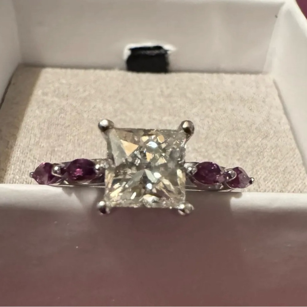 MOISSANITE FIRE(R) 1.70CT DEW .37CTW RHODOLITE GARNET PLATINEVE(TM) RING-Size 7
